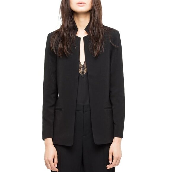 Zadig & Voltaire Size M Volly Crepe Blazer Open Front Black Longline Slim Cut - Picture 2 of 13
